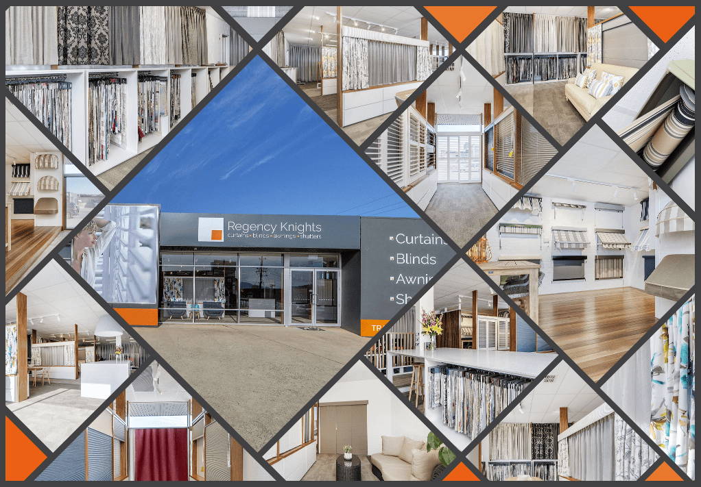 A collage of photos of Regency Knights Showroom in Fyshwick, Canberra. The photos include outside entry in the center surrounded by inside of the showroom with blinds, curtains, awnings and shutter products on display.