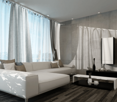 Sheer curtains in a modern Canberra home, allowing natural light to filter through to the dining area.